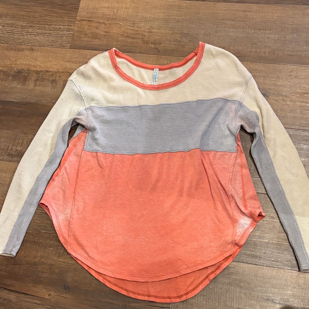 Free People Long Sleeve Top in Cream, Gray, and Orange